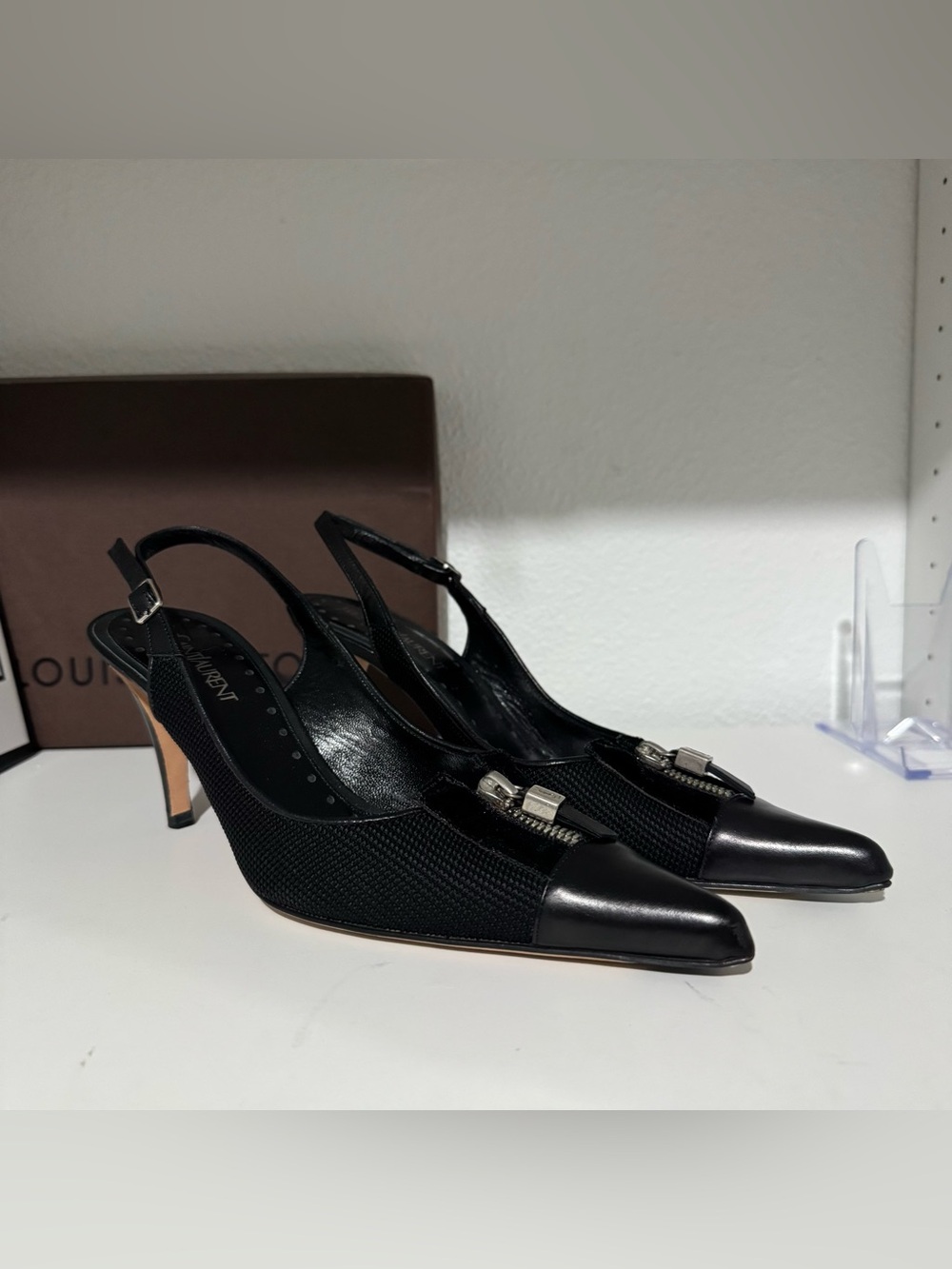 Yves Saint Laurent Black Pointed-Toe Slingback Heels with Metal Accent